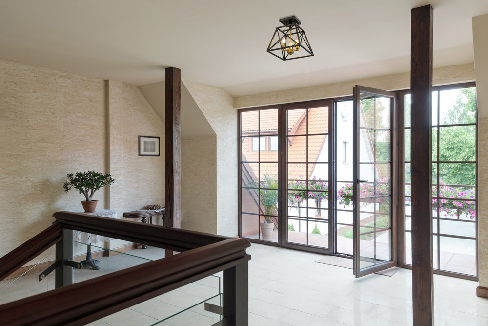 Trestle 3 Light Semi Flush Mount in Matte Black + Olde Brass Finish