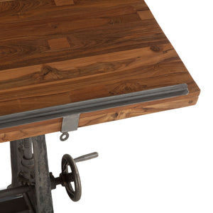 Industrial Loft 62-Inch Reclaimed Teak Wood Drafting Desk with Adjustable Crank