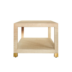 COFFEE TABLE WITH ANTIQUE BRASS FOOT CAPS IN NATURAL GRASSCLOTH