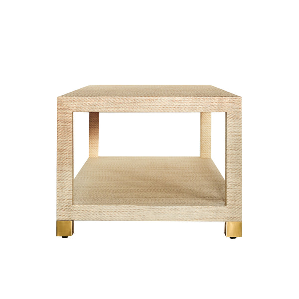 COFFEE TABLE WITH ANTIQUE BRASS FOOT CAPS IN NATURAL GRASSCLOTH