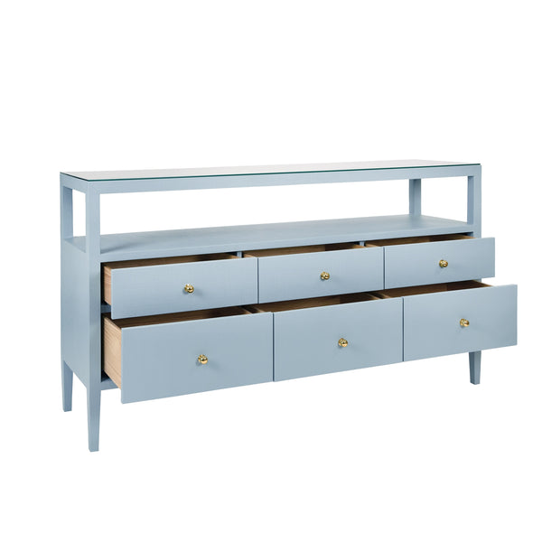 SIX DRAWER CONSOLE WITH OPEN SHELF IN TEXTURED LIGHT BLUE LINEN WITH POLISHED BRASS KNOBS