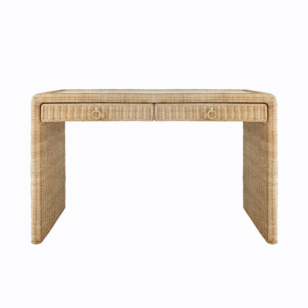 TWO DRAWER WATERFALL EDGE DESK IN WOVEN RATTAN WITH GLASS TOP