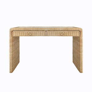 TWO DRAWER WATERFALL EDGE DESK IN WOVEN RATTAN WITH GLASS TOP