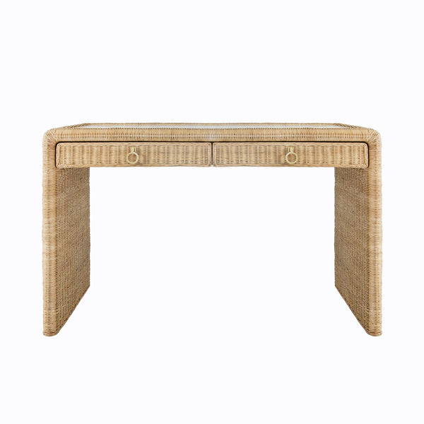 TWO DRAWER WATERFALL EDGE DESK IN WOVEN RATTAN WITH GLASS TOP
