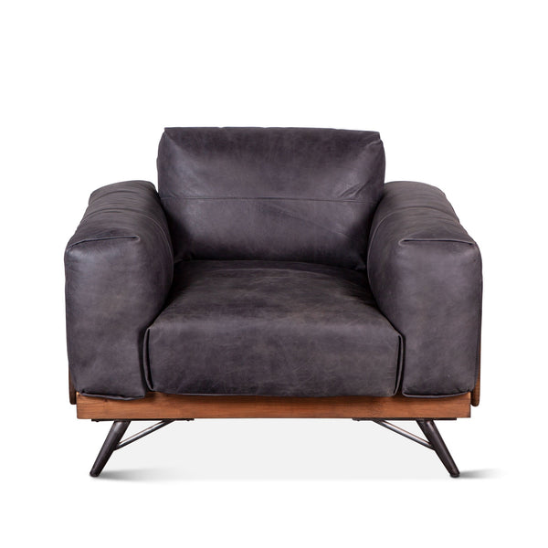 Mid-Century Leather and Wood Armchair, Antique Ebony