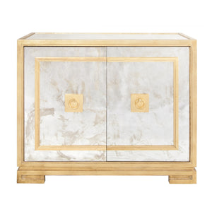ANTQ. MIRROR & GL 2 DOOR CABINET W GREEK KEY DETAIL