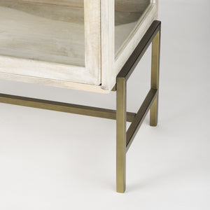 Arelius 36L x 18W x 32H White Wood, Gold Metal Base w/ 2 Glass Doors Accent Cabinet