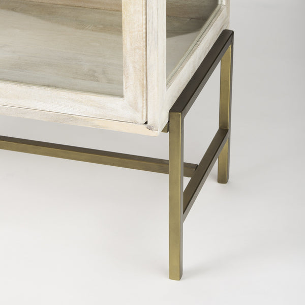 Arelius 36L x 18W x 32H White Wood, Gold Metal Base w/ 2 Glass Doors Accent Cabinet