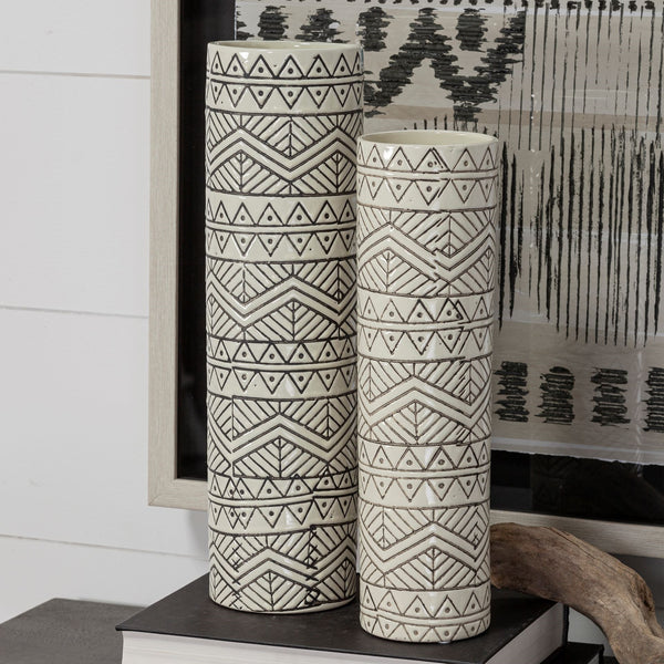 Uhura II Large Cream Black Patterned Cylindrical Ceramic Vase