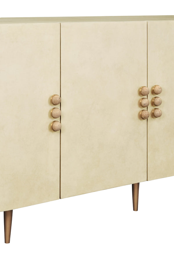 FOUR DOOR BUFFET WITH CURVED BOTTOM CORNERS AND STONE HARDWARE IN FAUX PARCHMENT