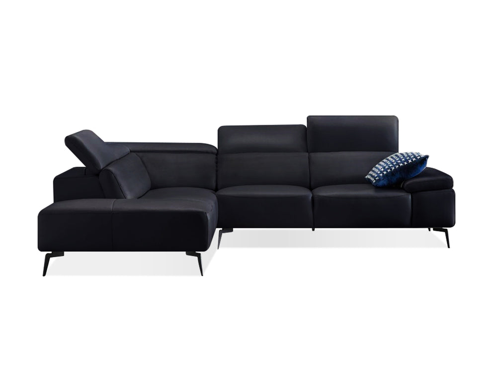CAMELLO Leather Sectional in black leather/blk PC legs w/full