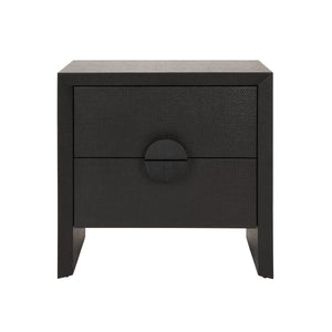 TWO DRAWER SIDE TABLE IN BLACK PAINTED GRASSCLOTH WITH BLACK OAK HANDLES