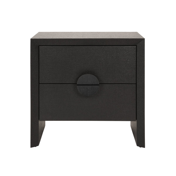 TWO DRAWER SIDE TABLE IN BLACK PAINTED GRASSCLOTH WITH BLACK OAK HANDLES