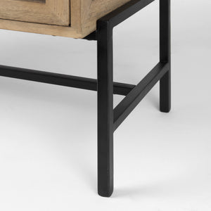Arelius 36L x 18W x 32H Light Brown Wood, Black Metal Base w/ 2 Glass Doors Accent Cabinet