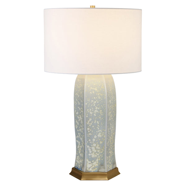 CERAMIC TABLE LAMP WITH SATIN BRASS BASE IN OCEAN REACTIVE GLAZE.