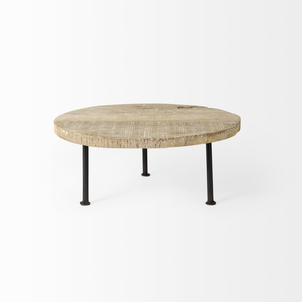 Cedric 15L x 15W x 6H Round Light Brown Wood w/ Black Metal Legs Decorative Display Stand