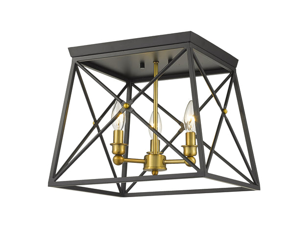 Trestle 3 Light Flush Mount in Matte Black + Olde Brass Finish