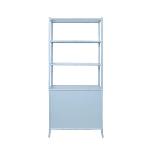 THREE DRAWER ETAGERE WITH BAMBOO DETAIL IN BLUE DYED GRASSCLOTH AND LIGHT BLUE MATTE LACQUER