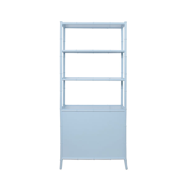 THREE DRAWER ETAGERE WITH BAMBOO DETAIL IN BLUE DYED GRASSCLOTH AND LIGHT BLUE MATTE LACQUER