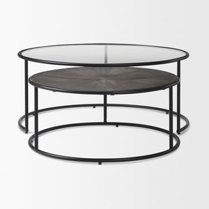 Arlo 40.0L x 40.0W x 17.0H Set of 2 Brown Wood and Glass W/Black Metal Coffee Tables