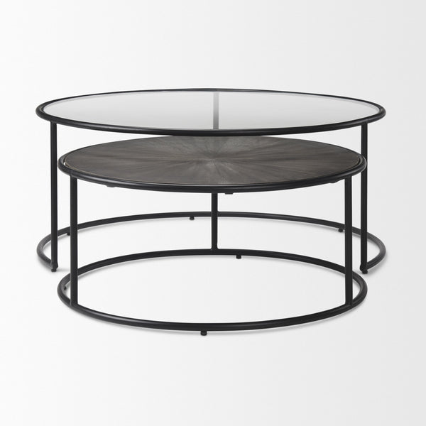 Arlo 40.0L x 40.0W x 17.0H Set of 2 Brown Wood and Glass W/Black Metal Coffee Tables