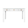 CURVED FRONT DESK WITH THREE DRAWERS IN WHITE TEXTURED LINEN WITH SATIN BRASS RING HARDWARE AND GLASS TOP