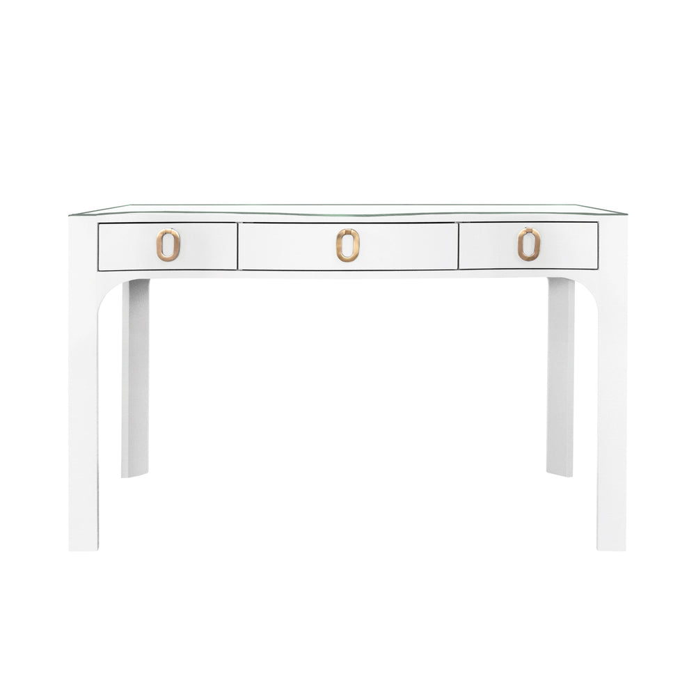 CURVED FRONT DESK WITH THREE DRAWERS IN WHITE TEXTURED LINEN WITH SATIN BRASS RING HARDWARE AND GLASS TOP