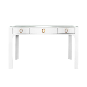 CURVED FRONT DESK WITH THREE DRAWERS IN WHITE TEXTURED LINEN WITH SATIN BRASS RING HARDWARE AND GLASS TOP