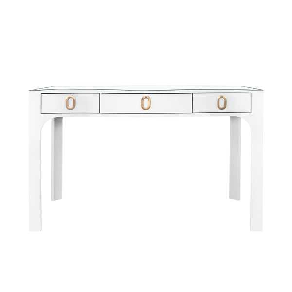 CURVED FRONT DESK WITH THREE DRAWERS IN WHITE TEXTURED LINEN WITH SATIN BRASS RING HARDWARE AND GLASS TOP