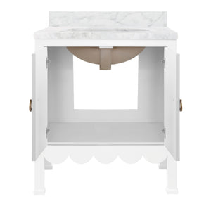 BATH VANITY WITH SCALLOP DETAIL IN MATTE WHITE LACQUER WITH WHITE MARBLE TOP AND PORCELAIN SINK