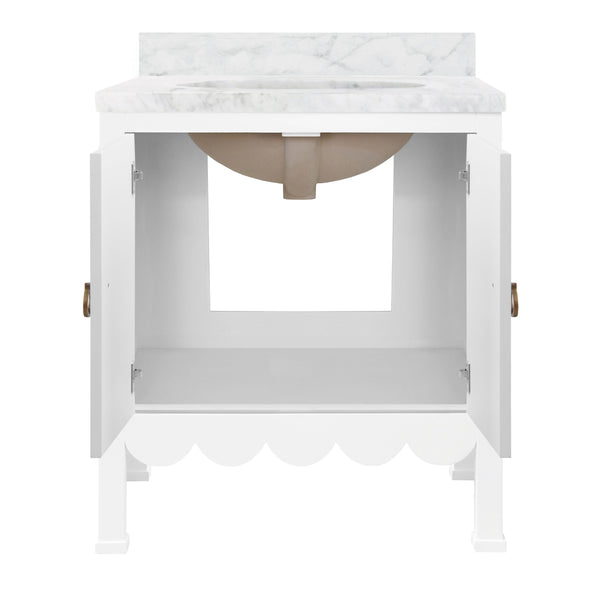 BATH VANITY WITH SCALLOP DETAIL IN MATTE WHITE LACQUER WITH WHITE MARBLE TOP AND PORCELAIN SINK
