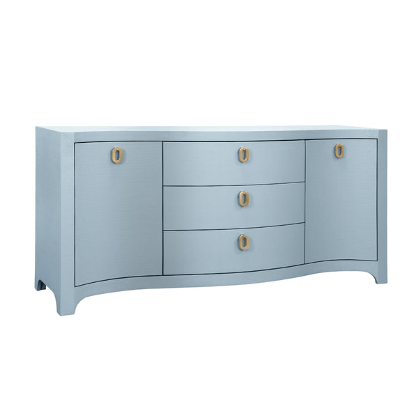 CURVED FRONT TWO DOOR THREE DRAWER BUFFET IN TEXTURED LIGHT BLUE LINEN WITH SATIN BRASS RING HARDWARE