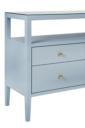 SIX DRAWER CONSOLE WITH OPEN SHELF IN TEXTURED LIGHT BLUE LINEN WITH POLISHED BRASS KNOBS