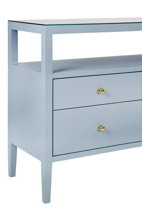 SIX DRAWER CONSOLE WITH OPEN SHELF IN TEXTURED LIGHT BLUE LINEN WITH POLISHED BRASS KNOBS