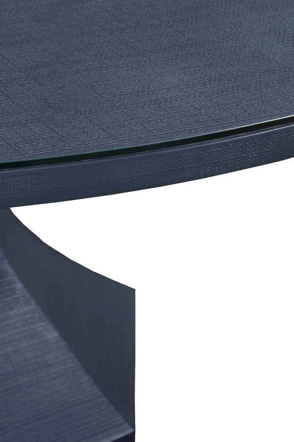ROUND DINING TABLE WITH HEXAGONAL TAPERED BASE IN NAVY TEXTURED LINEN