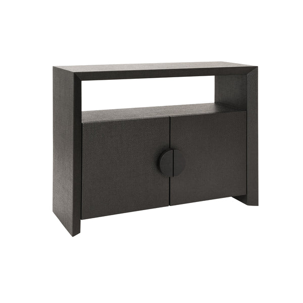 TWO DOOR CONSOLE WITH OPEN SHELF IN BLACK PAINTED GRASSCLOTH WITH BLACK OAK HANDLES