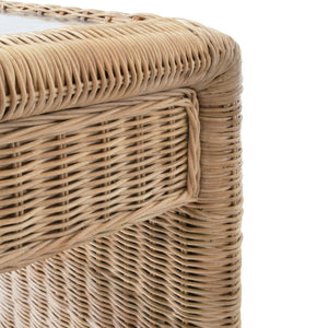 TWO DRAWER WATERFALL EDGE DESK IN WOVEN RATTAN WITH GLASS TOP