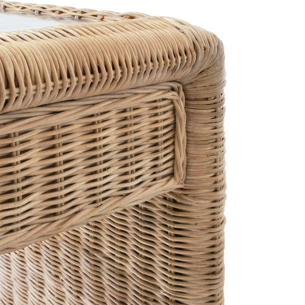 TWO DRAWER WATERFALL EDGE DESK IN WOVEN RATTAN WITH GLASS TOP