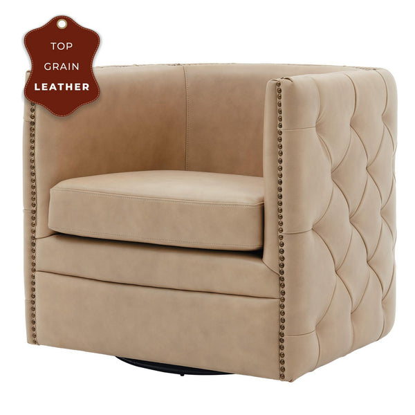 Leslie Top Grain Leather Swivel Tufted Arm Chair In Garrett Beige