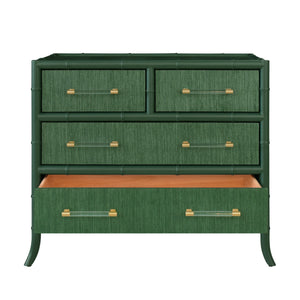 FOUR DRAWER CHEST WITH BAMBOO DETAIL IN GREEN DYED GRASSCLOTH AND DARK GREEN MATTE LACQUER