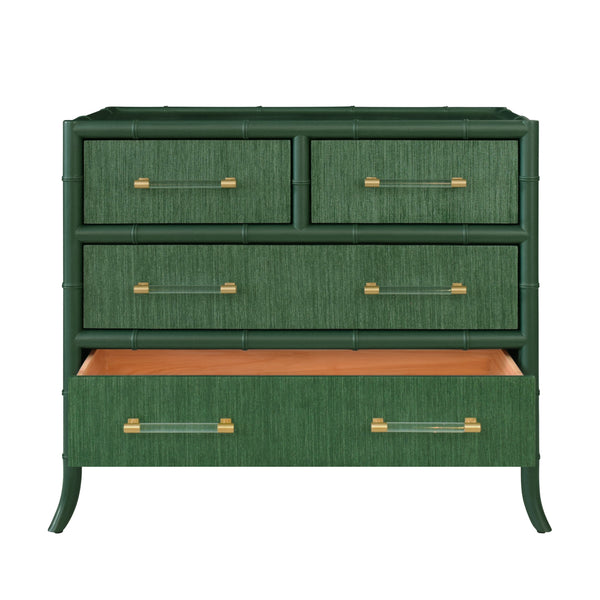 FOUR DRAWER CHEST WITH BAMBOO DETAIL IN GREEN DYED GRASSCLOTH AND DARK GREEN MATTE LACQUER