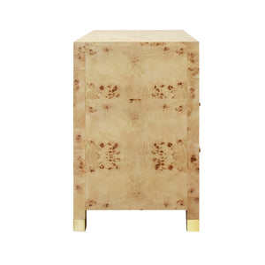 TWO DRAWER SIDE TABLE WITH RATTAN WRAPPED HANDLES IN BURL WOOD