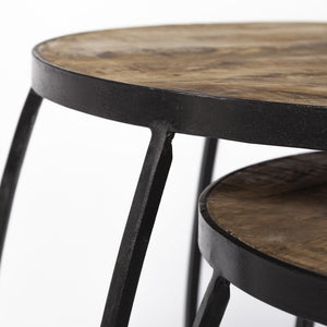 Clapp IV (Set of 2) 20L x 20W Brown Round Wood Top W/ Black Iron Frame Nesting Accent Tables