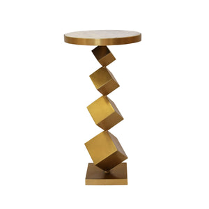 STACKED CUBE BASE SIDE TABLE IN ANTIQUE BRASS WITH INSET WHITE MARBLE TOP