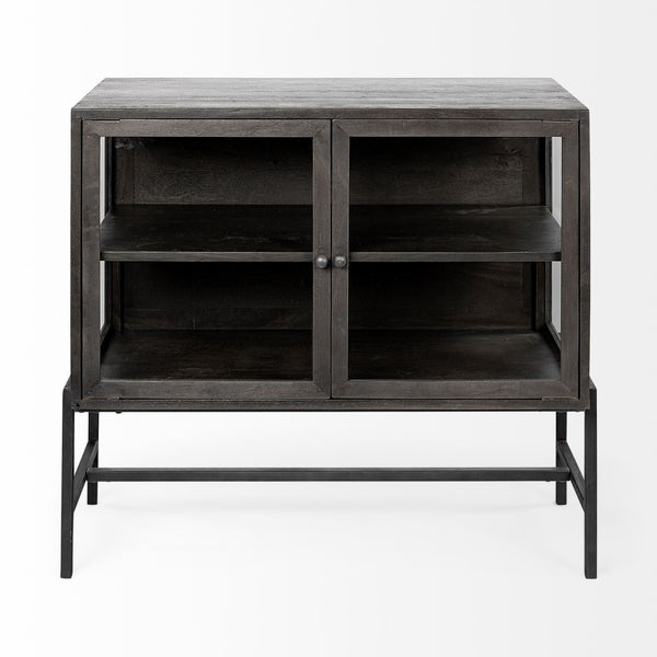 Arelius  36L x 18W Black-Brown Wood, Black Metal Base w/ 2 Glass Doors Accent Cabinet