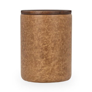 Andra Leather Round Accent Table in Tan with Mango Wood Top