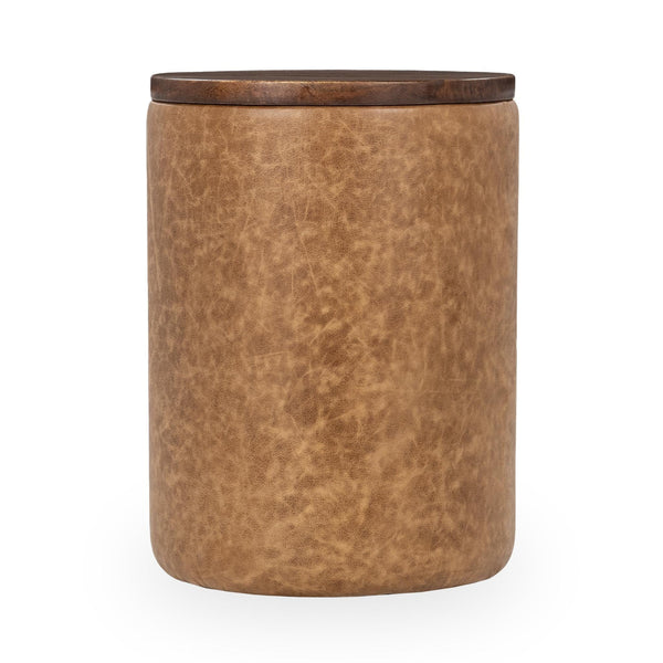 Andra Leather Round Accent Table in Tan with Mango Wood Top