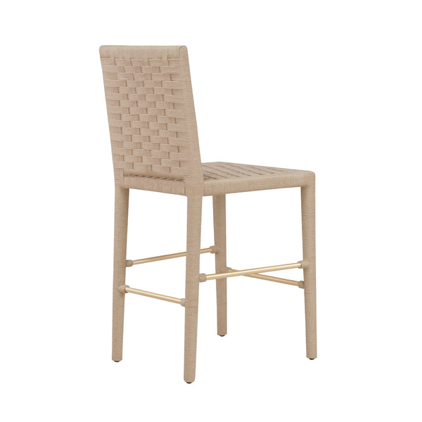 NATURAL ROPE BASKETWEAVE PATTERN COUNTER STOOL WITH ANTIQUE BRASS STRETCHER