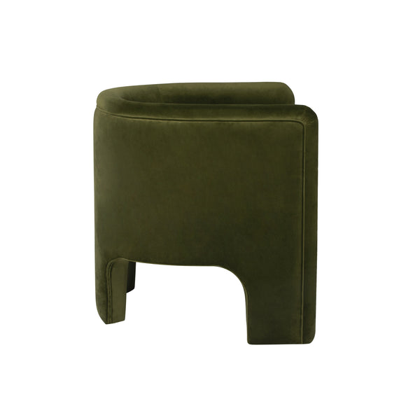 THREE LEG FULLY UPHOLSTERED BARREL CHAIR IN OLIVE VELVET