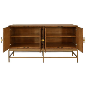 FOUR DOOR BUFFET WITH ANTIQUE BRASS METAL BASE IN DARK BURL WOOD